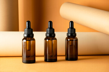 Naklejka premium Eco cosmetic cream, serum, skin care blank bottle. Natural SPA beauty products. Mineral organic oil. Dropper glass Oily cosmetic pipette. mockup for branding 