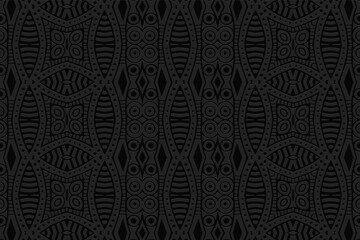 Geometric 3D volumetric convex black background. Ethnic relief ornament. African, Mexican, Indian style. Exotic pattern for wallpaper, presentations, stained glass.