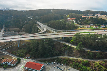 Aerial view of highway interchange of a city