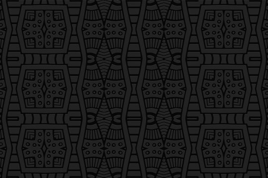 Geometric 3D volumetric convex black background. Ethnic folk ornament. African, Mexican, Indian style. Stylish pattern for design and decoration.