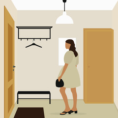 A female character in a beautiful dress and holding a handbag, stands near front door in the hallway