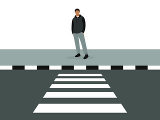 A male character stands on the sidewalk in front of a pedestrian crossing