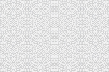 Geometric 3D volumetric convex white background. Ethnic relief ornament. African, Mexican, Indian style. Abstract pattern of shapes and curls for wallpaper, presentations, stained glass, textiles.