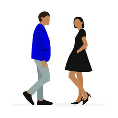 Female character and male character are standing together and looking at each other on a white background