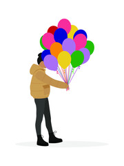 Female character in jacket holding a bunch of balloons on a white background