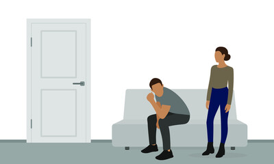 Male and female character are waiting near a closed door on a white background