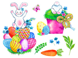 Cute easter eggs and bunny set painted with watercolor. Cartoon colorful elements isolated on white. Easter decoration, greeting, card, invitation