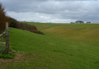 Obraz premium view up a rabbit warren strewn valley on the up-faulted Southern edge of Pewsey Vale, Wiltshire, North Wessex Downs AONB