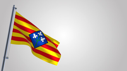 Lerida 3D waving flag illustration on a realistic metal flagpole. Isolated on white background with space on the right side. 