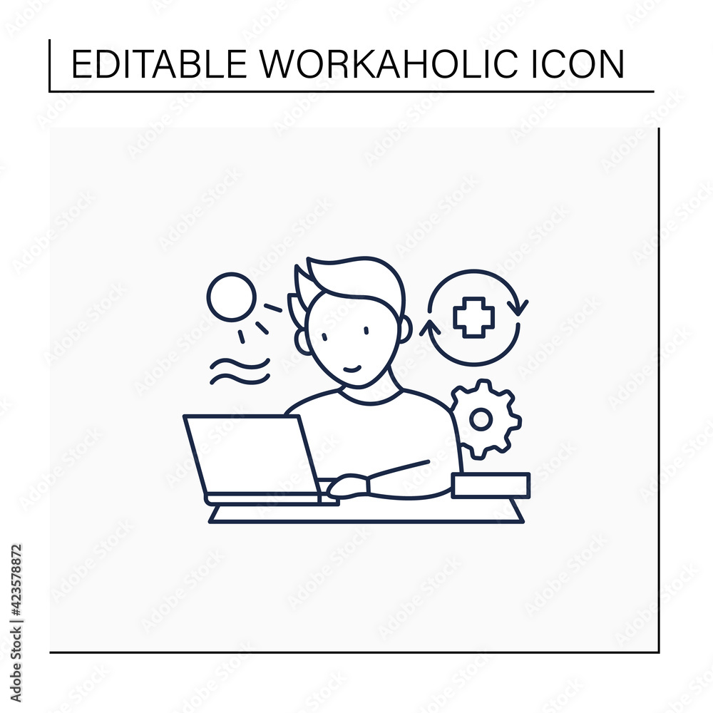 Poster workaholic line icon. workaholism prevention.conduct rules. reasonable time allocation. overworking 