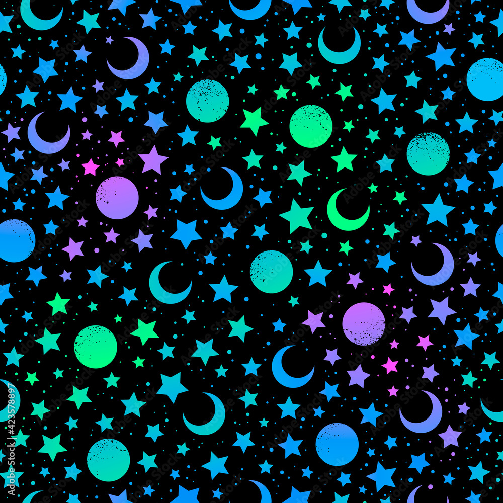 Canvas Prints mystical bright neon pattern with moon and stars