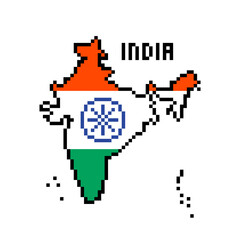 2d 8 bit pixel art India map covered with flag isolated on white background. Old school vintage retro 80s, 90s platform computer, video game graphics.Slot machine design element.Country geography.