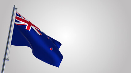 New Zealand 3D waving flag illustration on a realistic metal flagpole. Isolated on white background with space on the right side. 