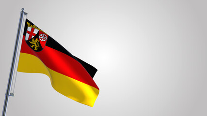 Rhineland-Palatinate 3D waving flag illustration on a realistic metal flagpole. Isolated on white background with space on the right side. 