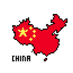 2d 8 bit pixel art China map covered with flag isolated on white background. Old school vintage retro 80s, 90s platform computer, video game graphics.Slot machine design element.Country geography.