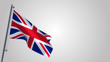 United Kingdom 3D waving flag illustration on a realistic metal flagpole. Isolated on white background with space on the right side. 