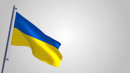 Ukraine 3D waving flag illustration on a realistic metal flagpole. Isolated on white background with space on the right side. 