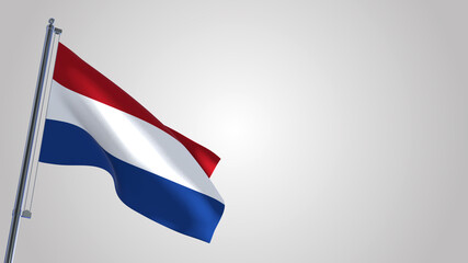 The Netherlands 3D waving flag illustration on a realistic metal flagpole. Isolated on white background with space on the right side. 