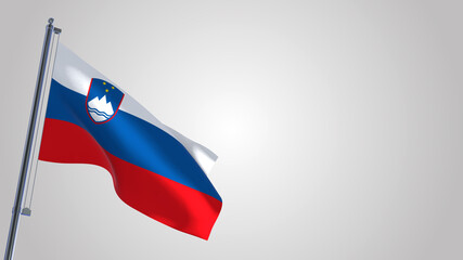 Slovenia 3D waving flag illustration on a realistic metal flagpole. Isolated on white background with space on the right side. 
