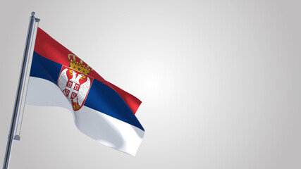 Serbia 3D waving flag illustration on a realistic metal flagpole. Isolated on white background with space on the right side. 