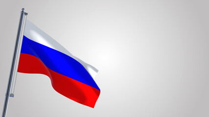 Russia 3D waving flag illustration on a realistic metal flagpole. Isolated on white background with space on the right side. 