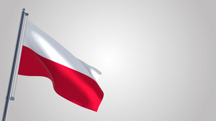 Poland 3D waving flag illustration on a realistic metal flagpole. Isolated on white background with space on the right side. 