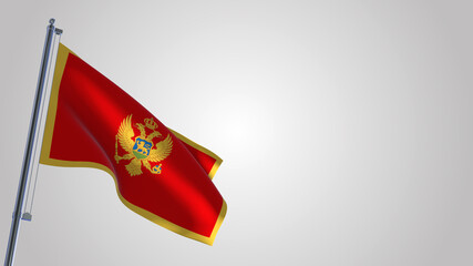 Montenegro 3D waving flag illustration on a realistic metal flagpole. Isolated on white background with space on the right side. 