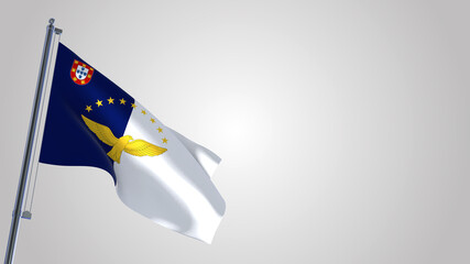 Azores 3D waving flag illustration on a realistic metal flagpole. Isolated on white background with space on the right side. 