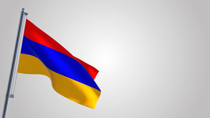 Armenia 3D waving flag illustration on a realistic metal flagpole. Isolated on white background with space on the right side. 