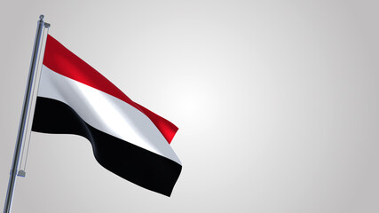 Yemen 3D waving flag illustration on a realistic metal flagpole. Isolated on white background with space on the right side. 