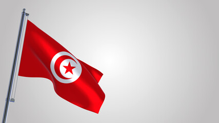 Tunisia 3D waving flag illustration on a realistic metal flagpole. Isolated on white background with space on the right side. 