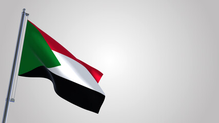 Sudan 3D waving flag illustration on a realistic metal flagpole. Isolated on white background with space on the right side. 