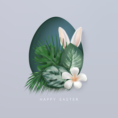 Happy Easter background with exotic leaves, flower and rabbit ears