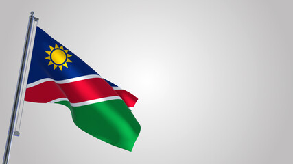 Namibia 3D waving flag illustration on a realistic metal flagpole. Isolated on white background with space on the right side. 