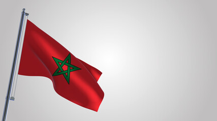 Morocco 3D waving flag illustration on a realistic metal flagpole. Isolated on white background with space on the right side. 