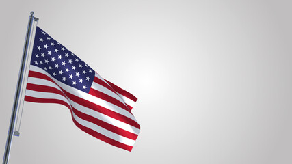 United States 3D waving flag illustration on a realistic metal flagpole. Isolated on white background with space on the right side. 