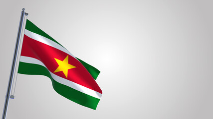 Suriname 3D waving flag illustration on a realistic metal flagpole. Isolated on white background with space on the right side. 