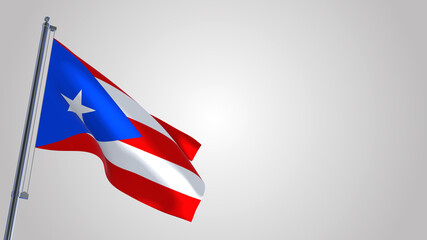 Puerto Rico 3D waving flag illustration on a realistic metal flagpole. Isolated on white background with space on the right side. 