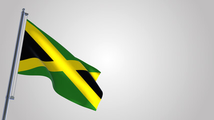 Jamaica 3D waving flag illustration on a realistic metal flagpole. Isolated on white background with space on the right side. 