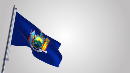 New York 3D waving flag illustration on a realistic metal flagpole. Isolated on white background with space on the right side. 