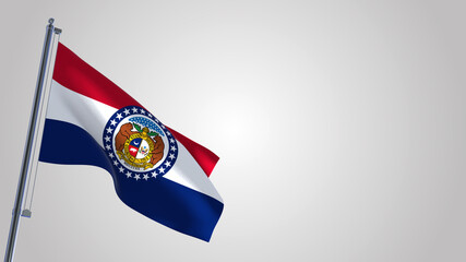 Missouri 3D waving flag illustration on a realistic metal flagpole. Isolated on white background with space on the right side. 