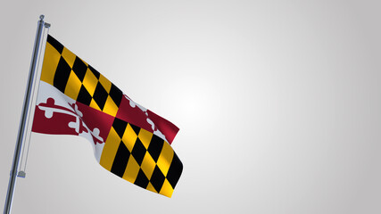Maryland 3D waving flag illustration on a realistic metal flagpole. Isolated on white background with space on the right side. 