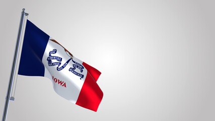 Iowa 3D waving flag illustration on a realistic metal flagpole. Isolated on white background with space on the right side. 