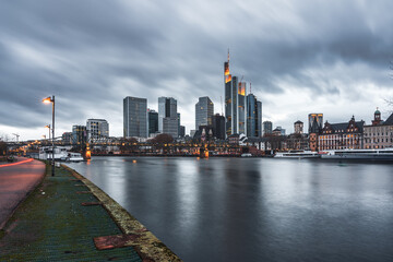Storm clouds over the Frankfurt skyline, Germany.