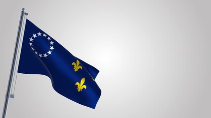 Louisville Kentucky 3D waving flag illustration on a realistic metal flagpole. Isolated on white background with space on the right side. 