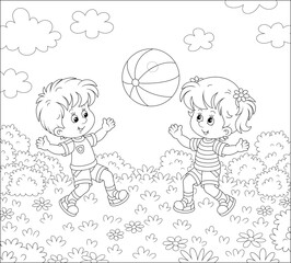 Happy little kids playing a big striped ball on a pretty playground on a warm summer day, black and white outline vector cartoon illustration for a coloring book page
