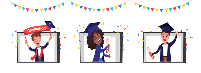 Obraz premium Young graduates wearing academic gown and cap, holding a diploma in tablet. Virtual graduation ceremony via video call from home during coronavirus lockdown. Vector cartoon flat illustration