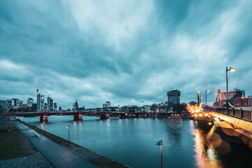 Fototapeta na wymiar Panoramic view of Frankfurt at the blue hour, Germany.