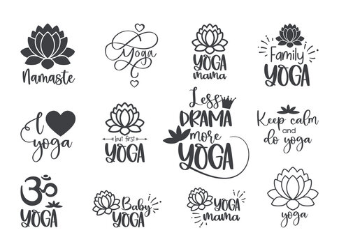 Set Of Yoga Symbols And Inscriptions. Lotus Flower And OM Yoga Logo