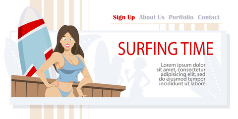 Girl in swimsuit on recreation. Surfers with surfboards. Illustration for internet and mobile website.